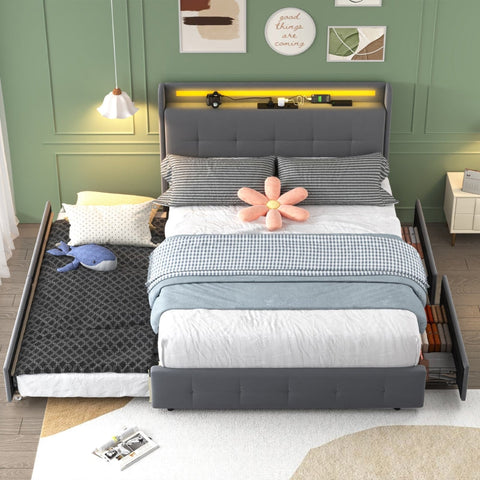 Rootz Gray Double Bed - USB Charging Headboard - LED Light - Storage Drawers - Eco-Friendly - 222L x 148.5W x 113H cm