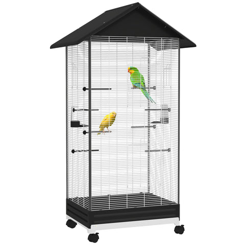 Rootz Freestanding Bird Cage on Wheels - Aviary - Pet Enclosure - Easy Mobility - 79 x 65 x 155 cm Steel Wire, Black