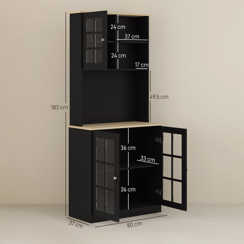 Rootz Kitchen Buffet - Kitchen Showcase - Display Case - Large Storage Space - Black & Brown- 80cm x 37cm x 183cm - Contemporary Design