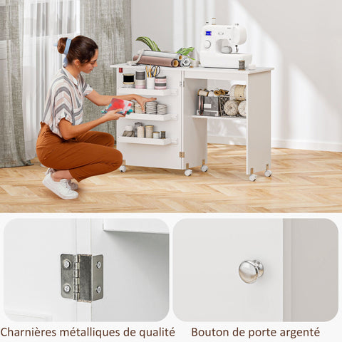 Rootz Foldable Sewing Table - Craft Station - Space-Saving Side Cabinet - Ample Storage Compartments - 118cm x 40cm x 79.5cm