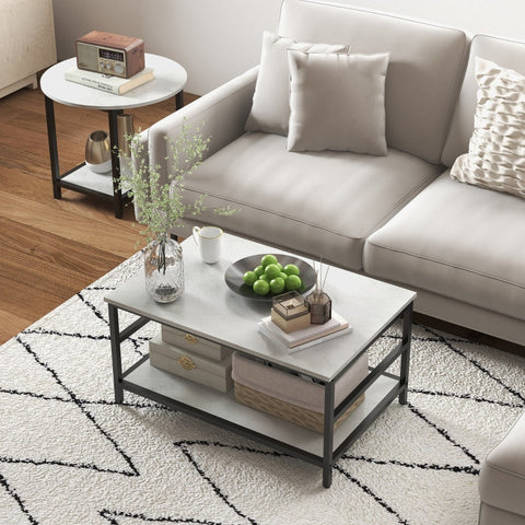 Rootz Marble Look Coffee Tables Set - Side Tables - Living Room Furniture - Steel Frame - 80cm x 54cm x 41cm, 60cm x 60cm x 51cm
