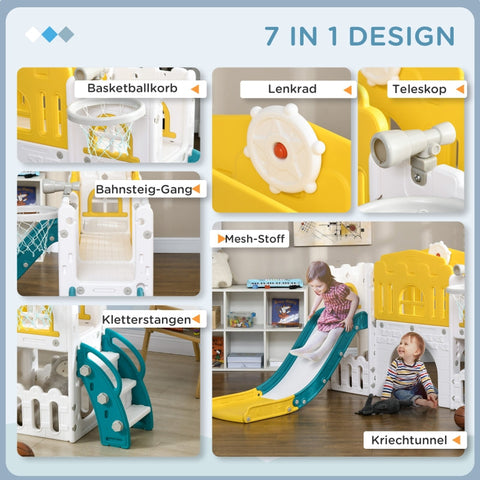 Rootz Toddler Slide - Indoor Slide - 7-in-1 Playset - Acceleration Zone - Bridge Walkway - Storage Baskets - 178L x 177W x 99H cm