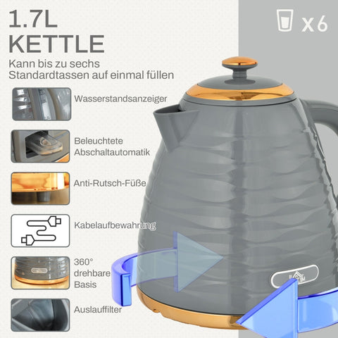 Rootz Kettle Toaster Set - Pebble Design - 7 Browning Levels - 1.7L Capacity - LED Indicators - Automatic Centering - 29.2cm x 27.5cm x 18.9cm