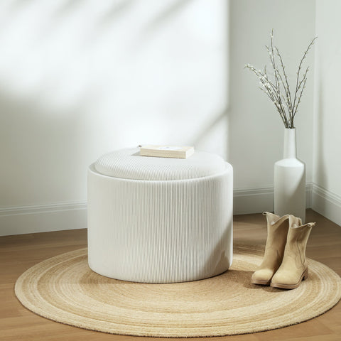 Rootz Round Storage Stool - Footrest - White Ottoman - Hidden Storage - 42cm Height