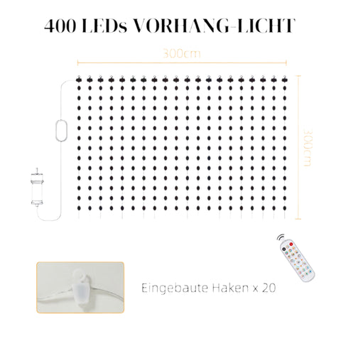 Rootz Curtain with 400 LED Lights - String Lights - Dynamic Lighting - Music Sync - Wi-Fi Control - 300cm x 300cm