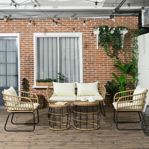 Rootz Garden Furniture - Seat Cushions - Lounge Set - Outdoor Seating Group - Boho Style - 5-piece Set - PE Rattan-polyester - Cream - Natural - Black - 145 X 70 X 78 Cm