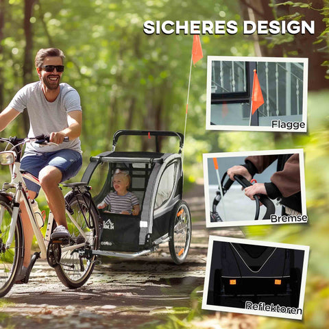 Rootz Children's Bicycle Trailer - Push Cart - Stroller - Foldable with Brakes - 142 x 75 x 101cm - Safe & Comfortable Journey for 2 Kids