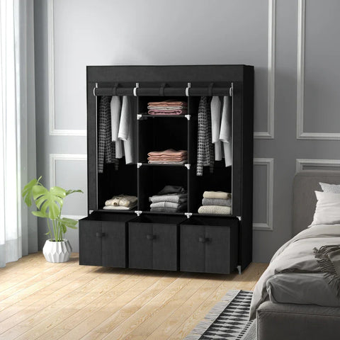 Rootz Fabric Cabinet - Made Of Fleece - Folding Cabinet - Fabric Wardrobe - Including 3 Drawers - Black - 125 cm x 43 cm x 162.5 cm