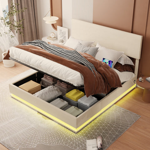 Rootz Double Bed Frame with Storage - Velvet Bed - Adjustable Headboard - USB Charging - 211cm x 153cm x 113cm