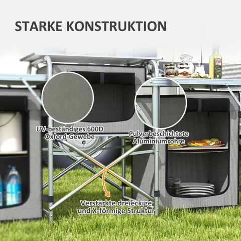 Rootz Camping Kitchen - Outdoor Cooking Station - Portable Camp Kitchen - Ample Storage - Adjustable Lamp Stand - 172L x 48W x 119H cm