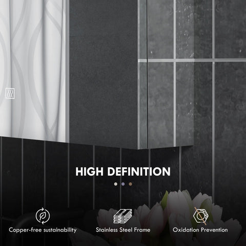 Rootz LED Illuminated Anti-Fog Bathroom Mirror Cabinet - Medicine Cabinet - Wall-Mounted Storage - Intelligent Touch Control - Space-Saving Design - 50x13x70cm - Stainless Steel Frame - Silver