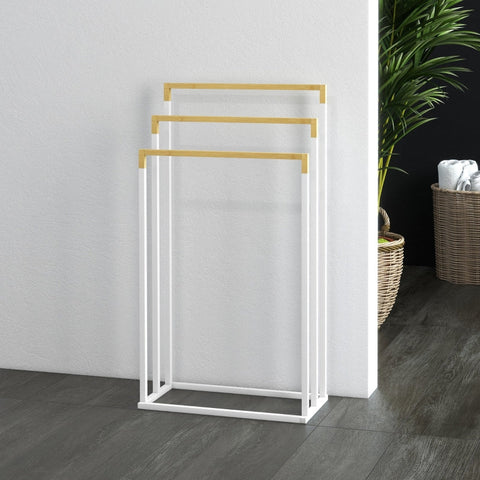 Rootz Kleankin 3-Piece Towel Rack Set - Towel Rails - Bathroom Organizer - Industrial Design - Bamboo & Steel - 45 x 22.5 x 86 cm - White + Natural