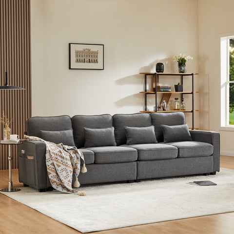 Rootz 4-Seater Linen Sofa - Comfortable Couch - Stylish Seating - Breathable Fabric - 264L x 83W x 87H cm - Adjustable Cushions and Side Pockets