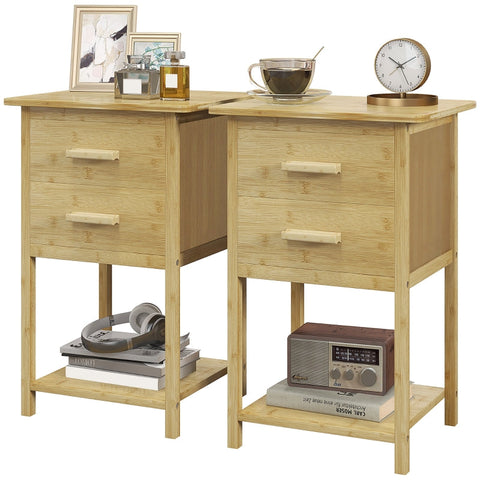 Rootz Nordic Bedside Tables Set - Nightstands Pair - 2 Drawer Nightstands - Spacious Bottom Shelf - Bamboo Frame - Lacquered Surface - 40cm x 34cm x 60cm
