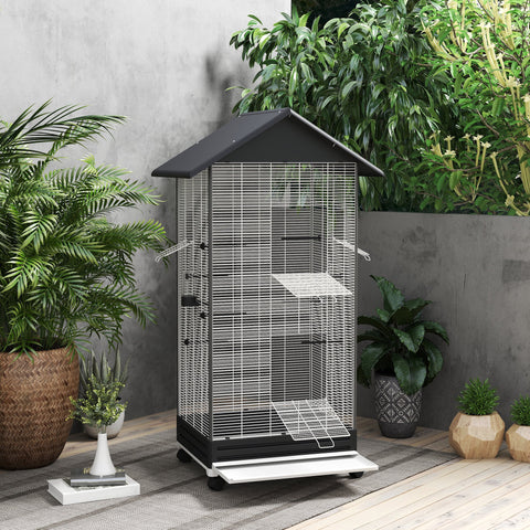 Rootz Freestanding Bird Cage on Wheels - Aviary - Pet Enclosure - Easy Mobility - 79 x 65 x 155 cm Steel Wire, Black