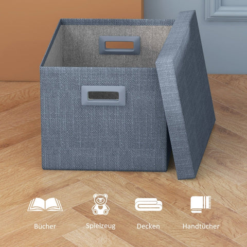 Rootz Storage Box Set - 3 Cubes - Collapsible Bins - Linen Look - Removable Lid - Side Handles - Space Saving - Blue - 30cm x 30cm x 29cm