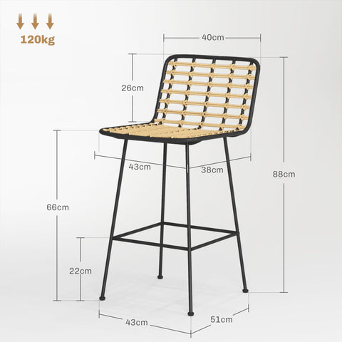 Rootz Lot de 2 Tabourets - Bar Stools - Bohemian Design - Comfort Seating - 43W x 51D x 88H cm - PE Rattan & Steel