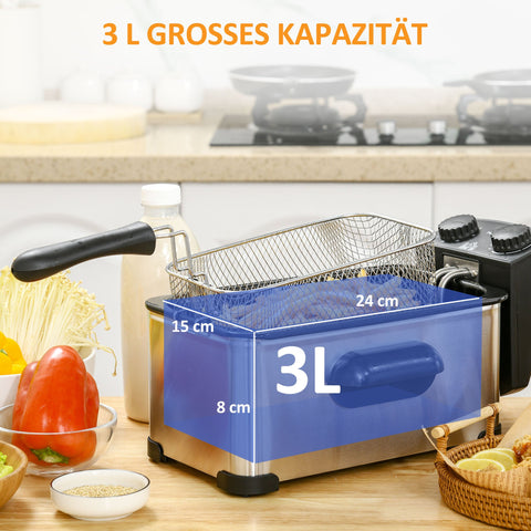 Rootz 3L Deep Fryer - Oil Cooker - Electric Fryer - 2000W Power - Black and Silver- Transparent Lid - 40.5cm x 24cm x 20.8cm