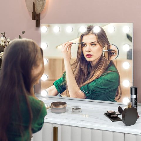 Rootz LED Makeup Mirror - Cosmetic Vanity Mirror - Lighted Mirror - 15 Dimmable Bulbs - USB Port - 58cm x 48cm x 14cm