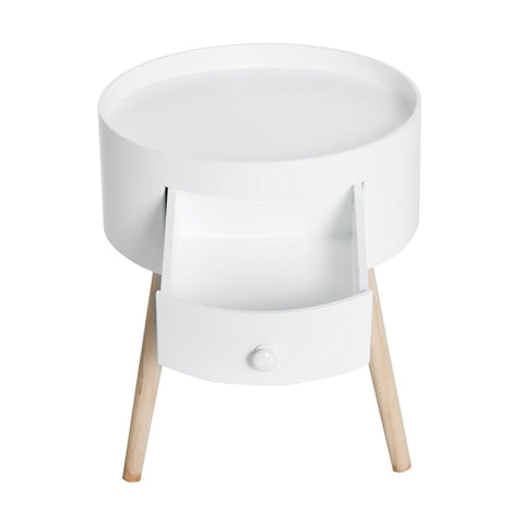 Rootz Coffee Table With Drawer -  Side Table - Round - Scandi Design - Protective Edge - Wood - White - Ø38 x H45 cm