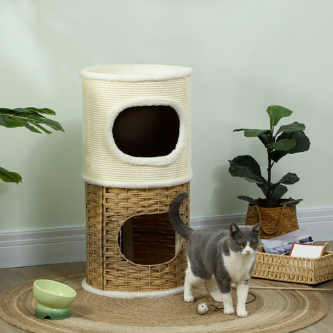 Rootz Three-Story Cat Tree - Cat Tower - Cat Climber - Enhances Home Décor - 80cm High x Ø40cm - White & Brown