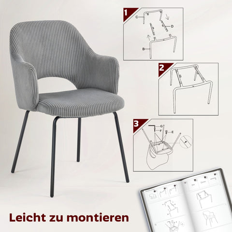 Rootz Dining Chair - Corduroy Accent Chair - Shell Shape Upholstered Seat - Comfortable & Stable - 57x62.5x85.5cm - Grey - Metal Legs