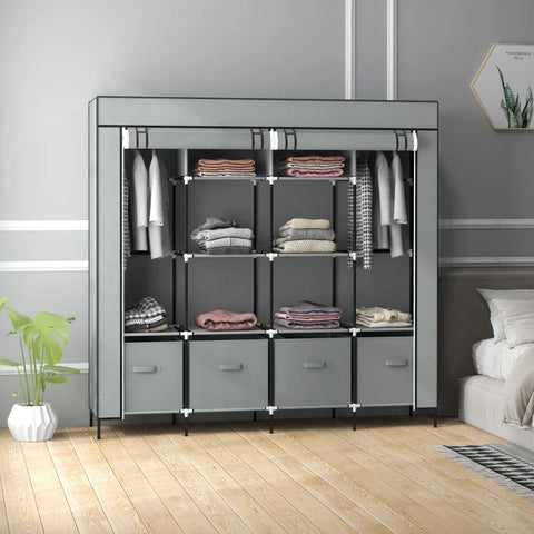 Rootz Wardrobe - Fabric Cabinet - Doors - 2 Clothes Rails - 10 Compartments - Vilesstoff - Steel - Gray - 166L x 42.5W x 169.5H cm