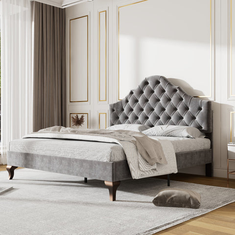Rootz Upholstered Bed - Adjustable Headboard - Slatted Frame - Velvet Comfort - 203cm x 140cm x 118-124cm - Gray