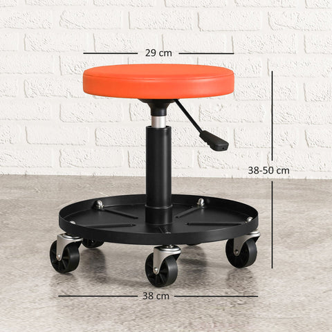 Rootz Workshop Stool with Rollers - Garage Chair - Mechanic Seat - Height Adjustable - 38cm x 38cm x 38-50cm Orange
