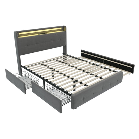 Rootz Gray Double Bed - USB Charging Headboard - LED Light - Storage Drawers - Eco-Friendly - 222L x 148.5W x 113H cm