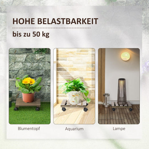 Rootz Set van 2 massief houten rollende plantenstandaards - Verplaatsbare plantenplank - Houten plantenrek - Mobiliteit - Stabiliteit - Veelzijdigheid - 30 cm x 30 cm x 7 cm - Bruin + Zwart