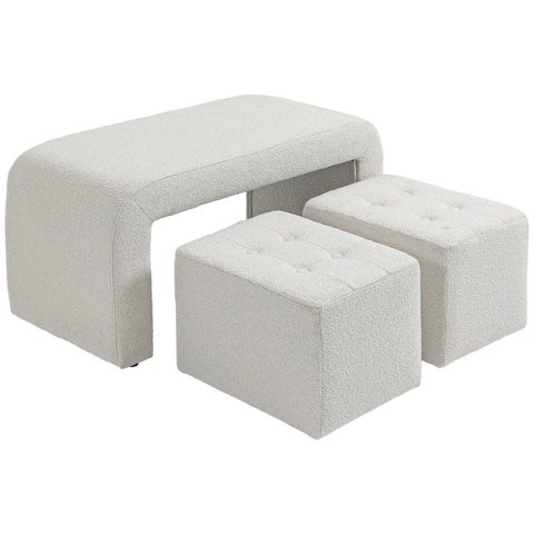 Rootz Footstool - Set 3-piece - Button Stitching - Loop Yarn - Eucalyptus Wood - Cream - 89 cm x 42.5 cm x 45 cm