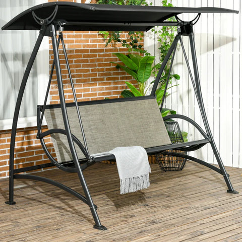 Rootz 3 Person Rocking Bench - Hollywood Swing - Swing Bench - Tilt Roof - Weatherproof - Steel Frame - Black + Brown - 190L x 133W x 177H cm
