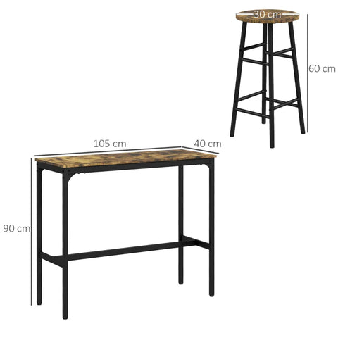 Rootz Bar Table with 2 Chairs - Industrial Design - Set of 2 Bar Stools with Table - 3 Pieces - Brown + Black - 105L x 40W x 90H cm