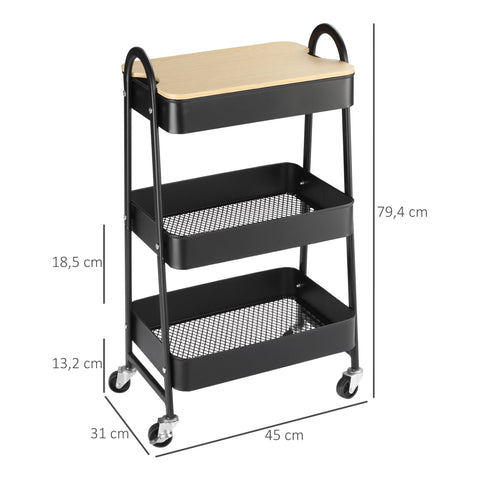 Rootz Steel 3-Tier Trolley - Rolling Storage Cart - Kitchen Organizer - Compact & Movable - 45L x 31W x 79.4H cm