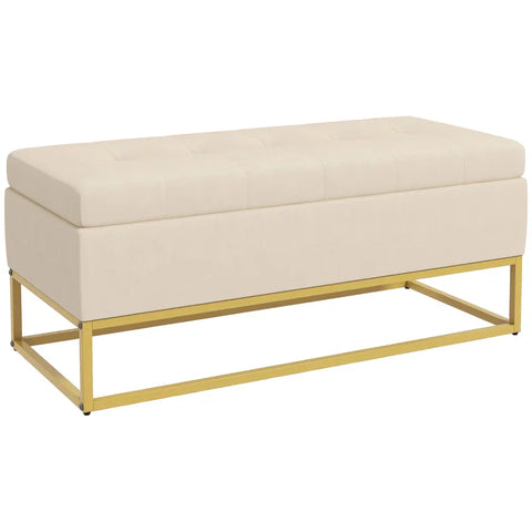 Rootz Storage Bench - Decorative Button Stitching - Flannel Look - Gold Steel Legs - Beige - 110 x 47 x 46.5 cm