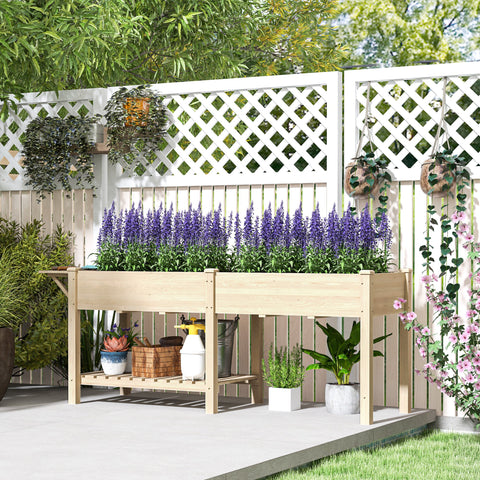 Rootz Elevated Wooden Planter - Raised Bed - Garden Planter with Shelf - Robust Design and Drain Holes - 207x59x78cm