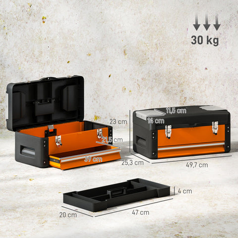 Rootz Tool Box Empty - Tool Chest - Storage Organizer - Scratch & Rust-Resistant - 49.7 x 25.3 x 23 cm - Orange Steel with Drawer