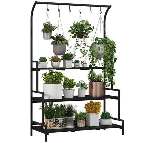 Rootz 3 Tier Flower Stand - Plant Display Shelf - Garden Plant Rack - Indoor & Outdoor - Metal Frame - 170H x 110L x 50W cm - Black