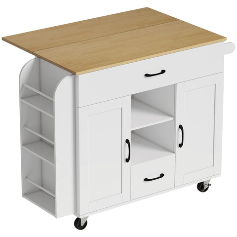 Rootz Rolling Kitchen Island - Mobile Cart - Fold-Out Work Surface - Storage Cabinet - Soft Close Doors - Spacious & Organized - White, 115x70x89 cm