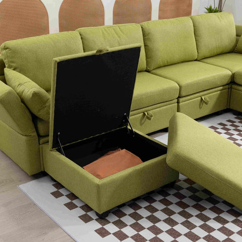 Rootz U-Shaped Sofa - Modular Sofa - Convertible Sofa - High Comfort Linen Fabric - 280x140x85cm with Storage Compartments