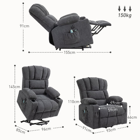 Rootz Electric Power Lift Stand Up Chair - Recliner - Cinema Chair - Massage & Heat - 93W x 91D x 110H cm - USB Ports & Cup Holders - Grey