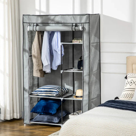 Rootz Fabric Cabinet - Cloth Cabinet - Closet Storage Solution - 6 Shelves - 1 Clothes Rail - Cupboard - Gray - 103L x 43W x 162.5H cm