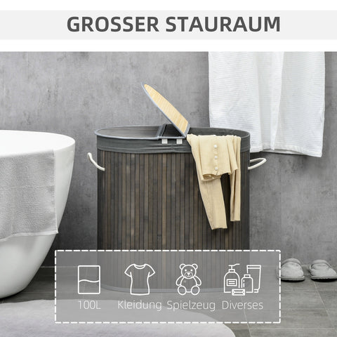 Rootz 100L Cloth Basket with Lid - Laundry Hamper - Laundry Bin - Dual Sections - Removable Bag - 62.5cm x 37cm x 60.5cm