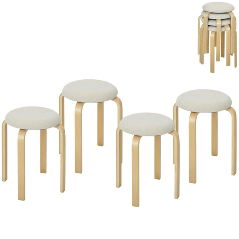 Rootz 4-Set Upholstered Stool - Stackable Stools - Space-Saving Seating - Birch Legs - White - Ø40 x 45H cm