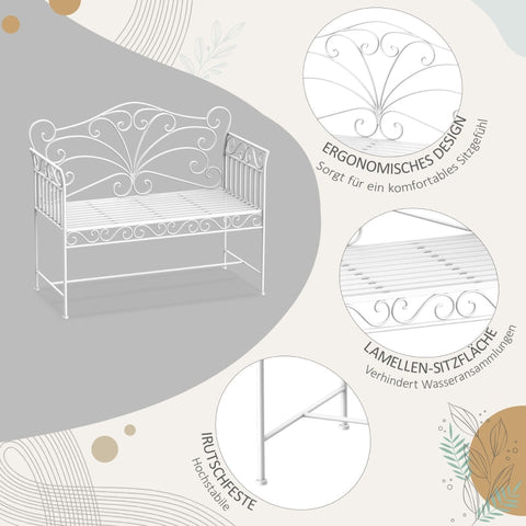 Rootz Garden Bench - Park Bench - Outdoor Seating - Elegant Design - Comfortable Seating - Durable Construction - 113.5cm x 50cm x 96cm - Metal White