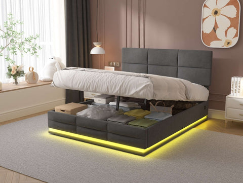 Rootz Double Bed with LED - Upholstered Bed - Velvet Bed - USB Charger & Storage - 208.5cm x 164cm x 115cm