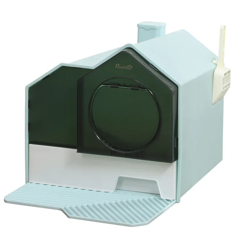 Rootz Cat Litter Box - Hut Design - 1 Strainer - 1 Litter Scoop - Removable Base Tray - Plastic - ABS - Green - White - 47L x 45W x 42H cm