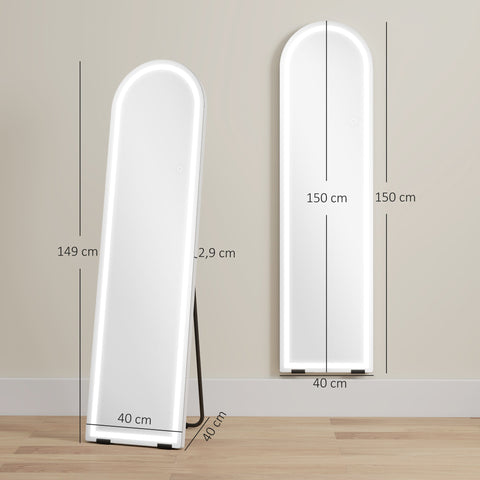 Rootz Full Length Mirror with LED Lights - Dressing Mirror - Vanity Mirror - Dimmable Lighting - Arch Shaped - White - 150 x 40 cm