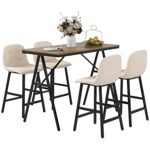 Rootz 5 Piece Bar Table Set - Dining Set - Counter Height Table & Chairs - Industrial Style - Compact Design - Beige - 120cm x 60cm x 91cm